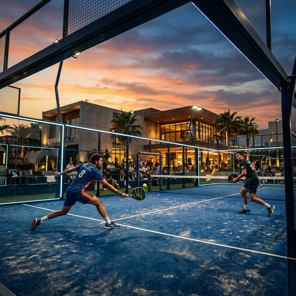 Pista de pádel moderna con iluminación LED al atardecer